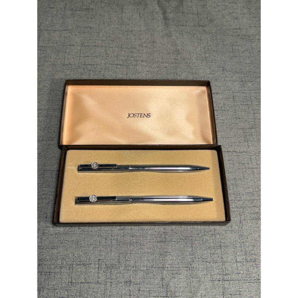 Vintage Jostens Pen and Pencil Set Chrome Pinstripe 1980s 1990s with Box